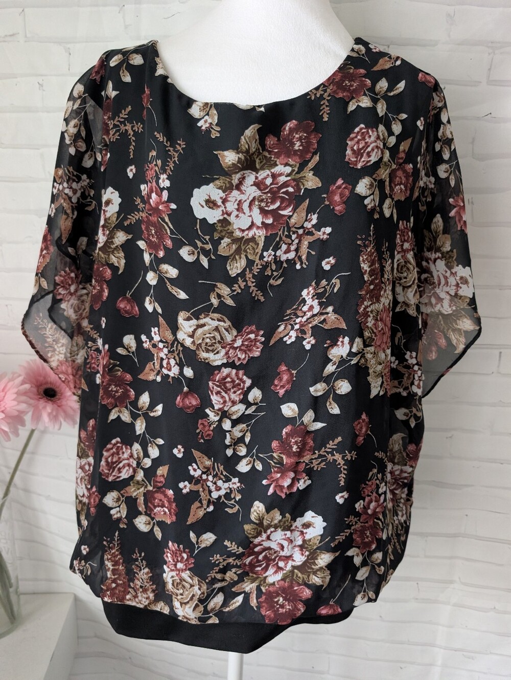 Floral Chiffon Blouse - Black with Burgundy and Cream Flowers